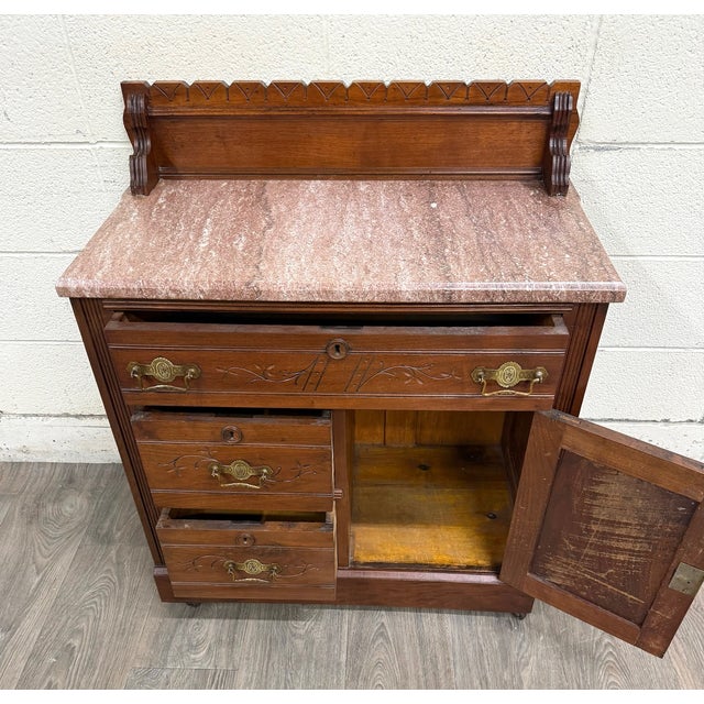 Antique Victorian Eastlake Style Walnut and Marble Top Cabinet Commode Washstand For Sale - Image 10 of 15