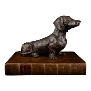 Bronze Dachshund Paperweight on Leather Base For Sale