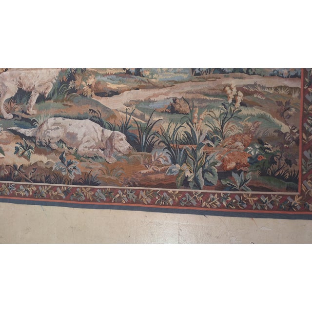 Traditional Vintage Hunting Scene Tapestry Wall Hanging With Dogs & Pheasant For Sale - Image 3 of 8