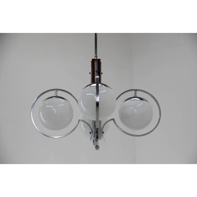 Art Deco Opaline Glass, Wood and Chrome Chandelier, 1930s For Sale - Image 12 of 13