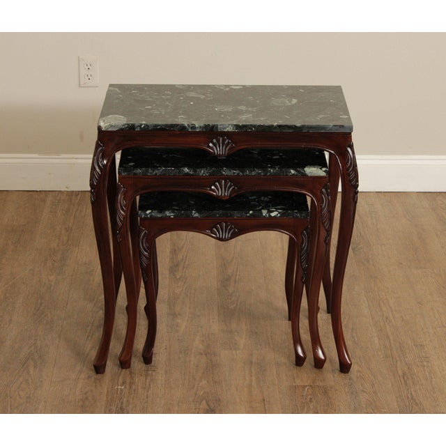 Late 20th Century Rococo Style Set of Three Marble Top Mahogany Nesting Tables For Sale - Image 5 of 18