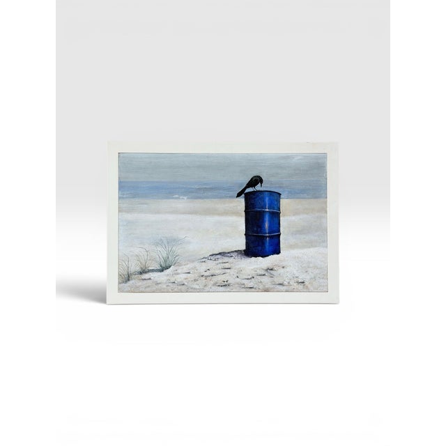 Original 1970s Pacific Northwest Oil on Board Painting Crow on Blue Drum by William Bill Sharp For Sale - Image 10 of 13