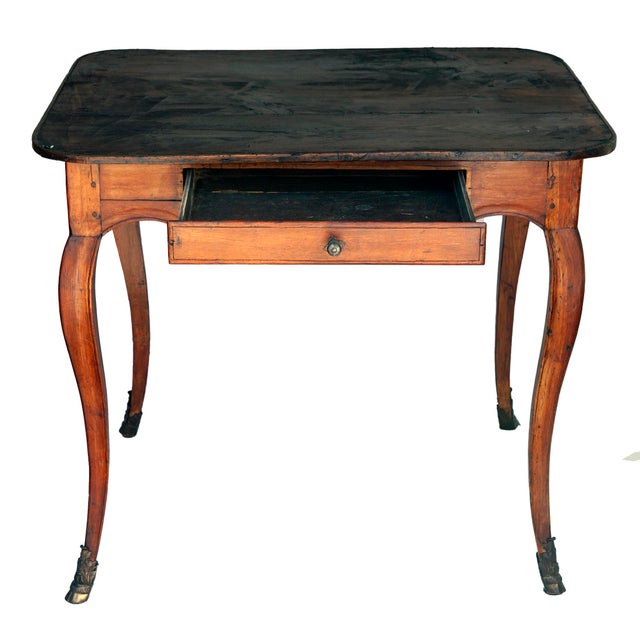 A Charming French Dual Antique Wood Side Table with 2 Drawers; One on each side. Metal adornments on each foot of The...