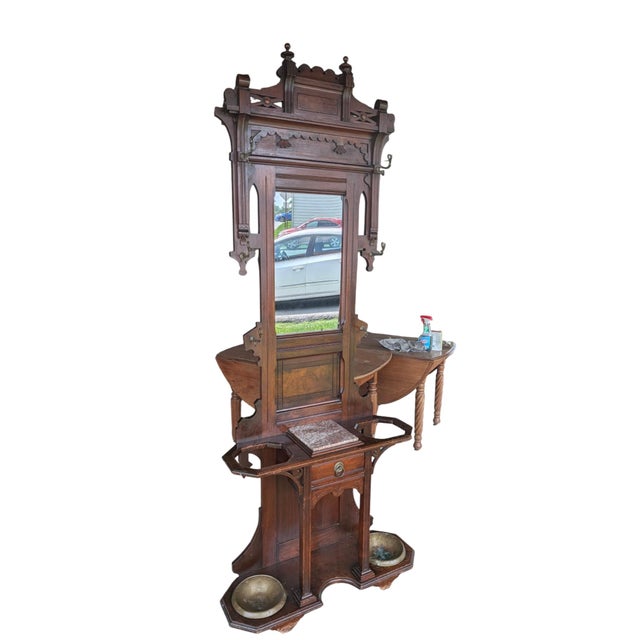 Late 19th-Century Victorian Eastlake Carved Walnut & Marble Hall Tree For Sale - Image 4 of 18