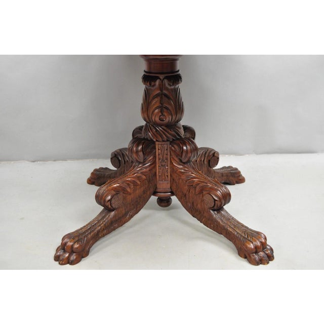 Traditional Antique French Empire Carved Mahogany Paw Foot Pedestal Base Round Center Table For Sale - Image 3 of 12