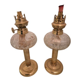 Pair of Vintage Brass and Glass Oil Lamps For Sale