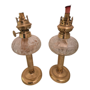 Pair of Vintage Brass and Glass Oil Lamps