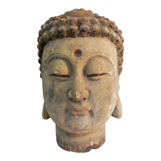 Lg Asian Carved Wood Gautama Buddha Head For Sale
