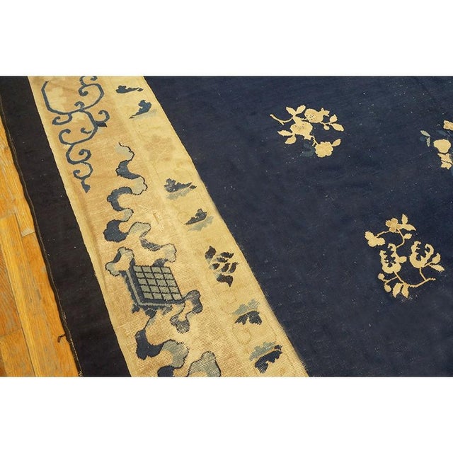 1900s Navy Blue Solid Floral Deco Antique Chinese Peking Knotted Room Size Rug For Sale - Image 4 of 10
