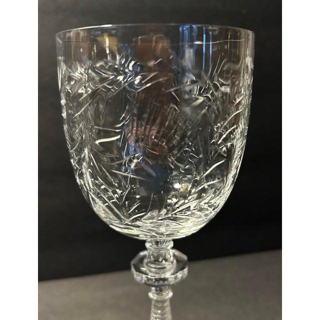 Antique 1930’s Rock Sharpe Crystal Stem Wine Glasses Paisley Pattern Set of 5 For Sale - Image 9 of 9