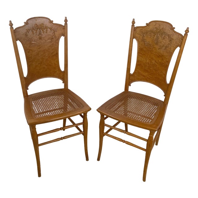 Antique Ribbon & Garland Caned Seat Side Chairs – Pair For Sale