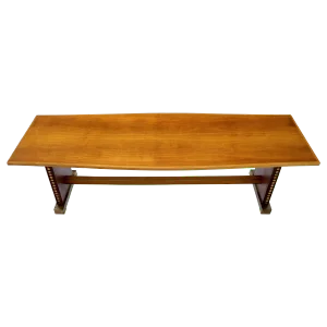 Narrow Long Boat Shape Walnut Dining Harvest Table Studs Leather Brass Decorated