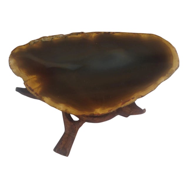 Late 20th Century Brown Agate Geode Crystal On Wood Stand For Sale