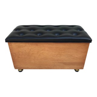 Vintage Handmade Wood Trunk With Tufted Vinyl Seat For Sale