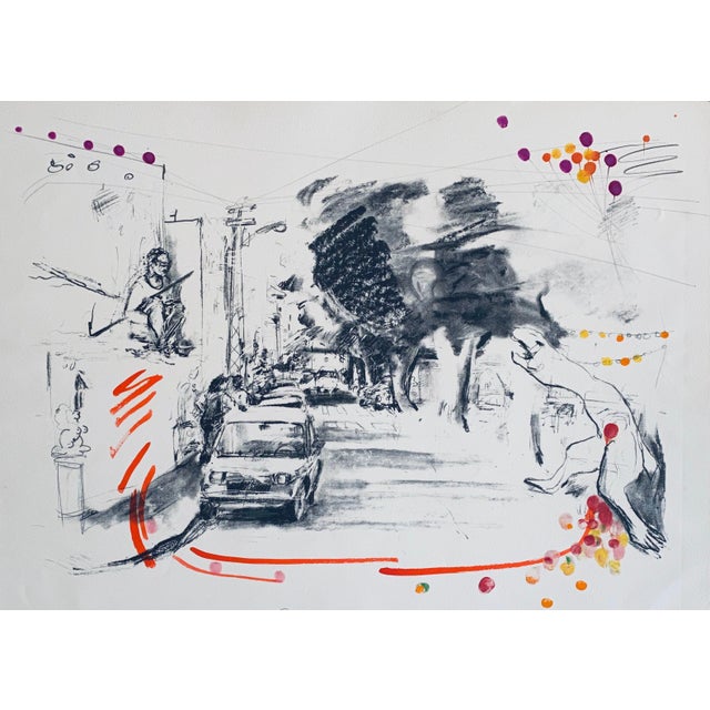 Ivan Schwebel, Hand Painted Lithograph "Tel Aviv Dragon Slayer" Israeli American Bezalel School, 1975 For Sale