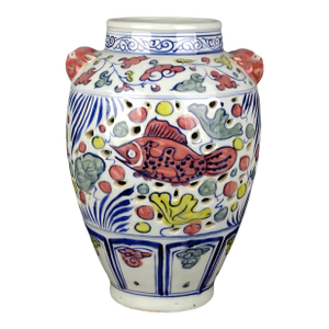 Chinese Vintage Ceramic Pot,Ming Dynasty Xuande Marked Blue and White Famille Verte Porcelain Jar Hand Painted Fish and Waterweed Pattern