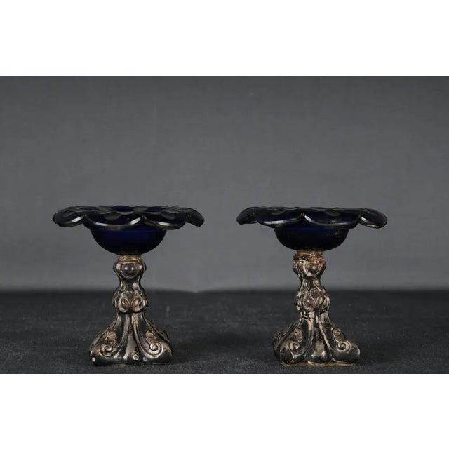 Antique Silver Caviar Bowls in Blue Glass, Set of 2 For Sale - Image 3 of 11