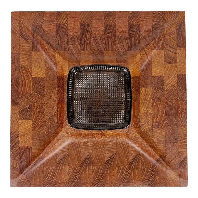 Vintage Divided Teak Serving Tray With Glass Dish by Digsmed For Sale