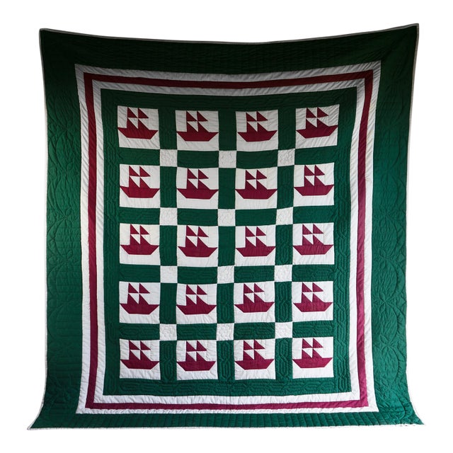 Large Antique American Hand Stitched Quilt, Sailboat Block Pattern, Early 20th Centry For Sale