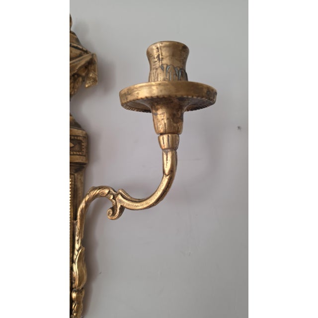 Pair Vintage Bronze Wall Candle Sconces, French Regency Style Candelabra, Hollywood Regency Brass Wall Decor, Neoclassical Candle Holders For Sale - Image 6 of 14