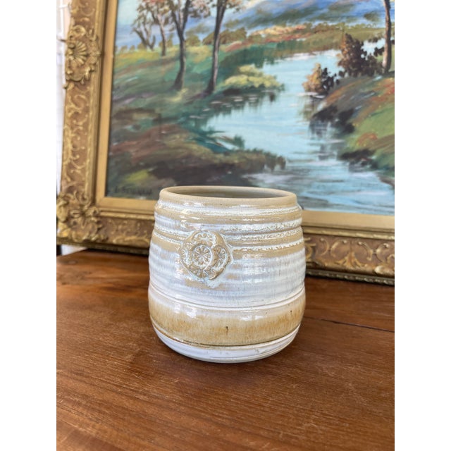1970s Signed Studio Pottery Stoneware Vessel by Freeburg With Embossed Medallion For Sale - Image 4 of 9