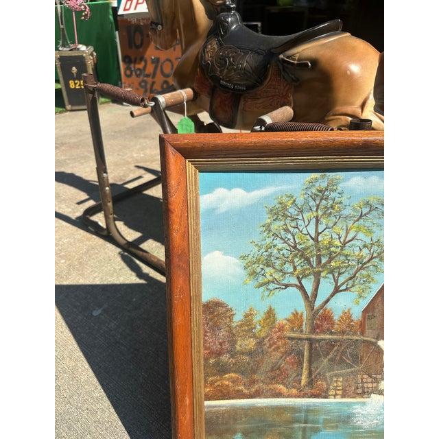 Mid-Century Modern 1990s Watermill and House Waterside Landscape Painting, Signed by the Artist, Framed For Sale - Image 3 of 10