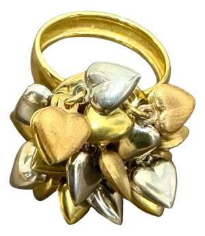 Multiple Heart Charm Floating 18 Kt Yellow, Rose & White Gold Heart Ring size 6