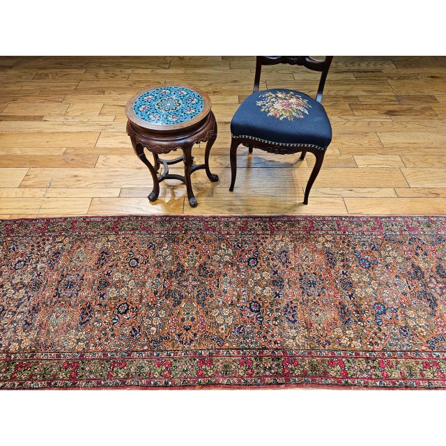 19th Century 19th Century Persian Kerman Lavar Runner Rug, Hand-Knotted Wool, Allover Floral Design, Rust-Red & Green, 3x12 For Sale - Image 5 of 16