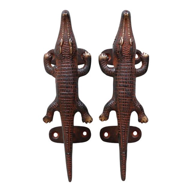 Red Brass Alligator Door Handles - a Pair For Sale