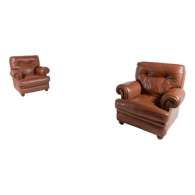 Brown Leather Club Armchairs, 1970s, Set of For Sale