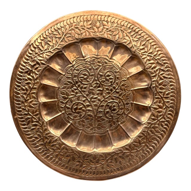 Vintage Mid 20th Century Turkish Hand Hammered Copper Tray With Floral Vine Tree of Life Repoussé For Sale