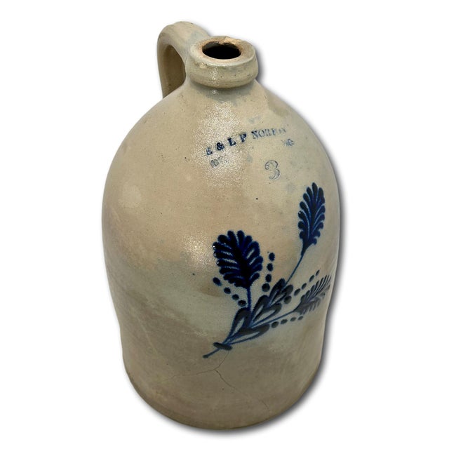 Beautiful Antique American Blue Flower Decorated 3 Gallon Size Stoneware Jug by E & L P Norton in Bennington Vermont For Sale - Image 12 of 18