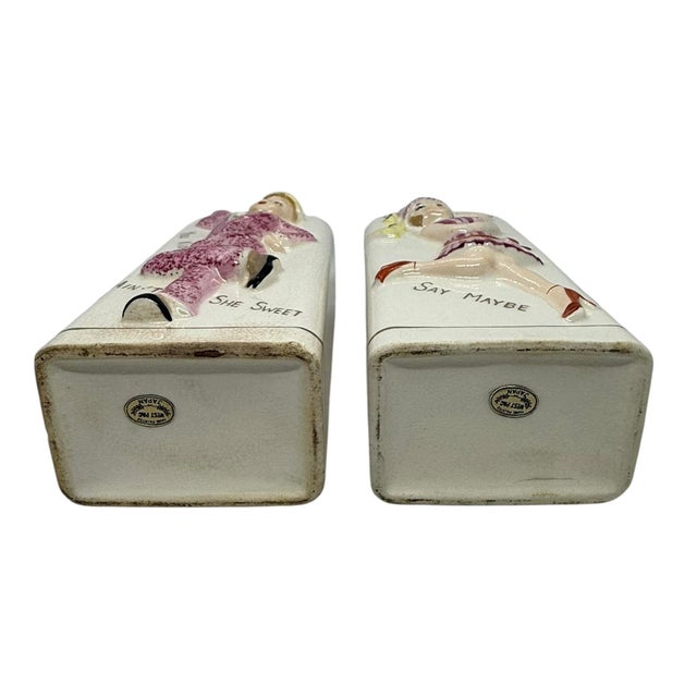 1940’s Ceramic Decanters - West Pac Japan Scotch and Bourbon - Dandy Man & Flapper Girl - Handpainted Pair With Stoppers For Sale - Image 9 of 12