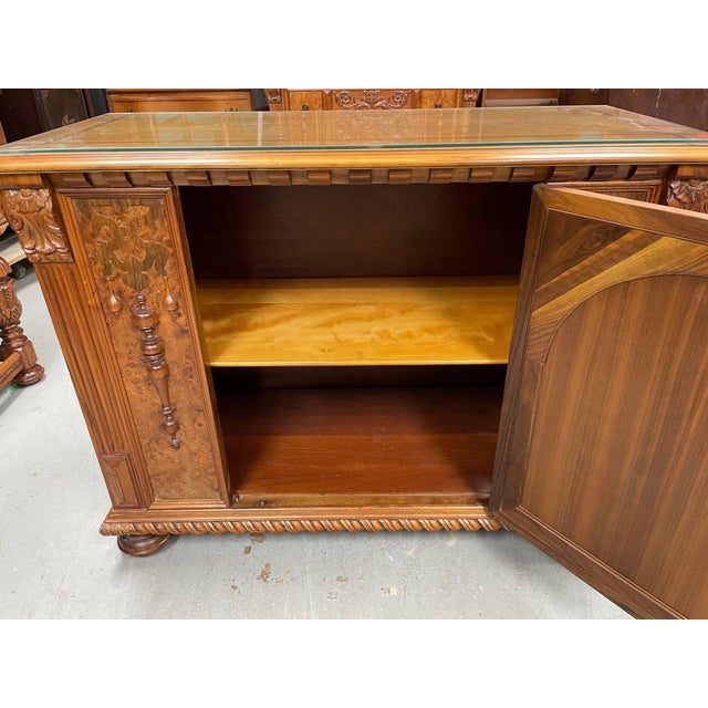 Berkey & Gay Antique Hand Carved Sideboard Cabinet, Berkey & Gay, Jacobean Revival, Walnut + Burl Wood, Glass Top, Attributed For Sale - Image 4 of 8