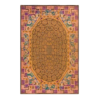 1920s Brown Floral Medallion Antique French Art Deco Rug 8' 10" X 13' 3" Handknotted Wool Carpet For Sale