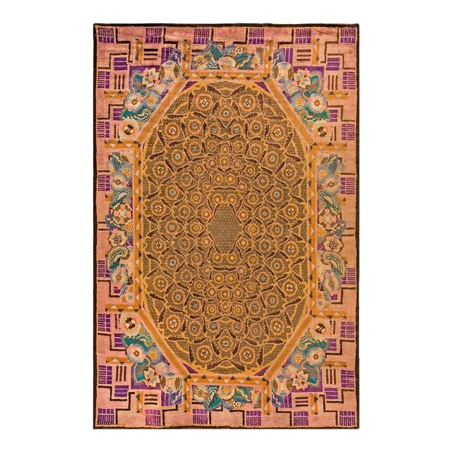 1920s Brown Floral Medallion Antique French Art Deco Rug 8' 10" X 13' 3" Handknotted Wool Carpet For Sale