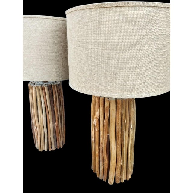 Wood Natural Rustic Gathered Driftwood Coastal Table Lamps With Burlap Shades- A Pair For Sale - Image 7 of 7