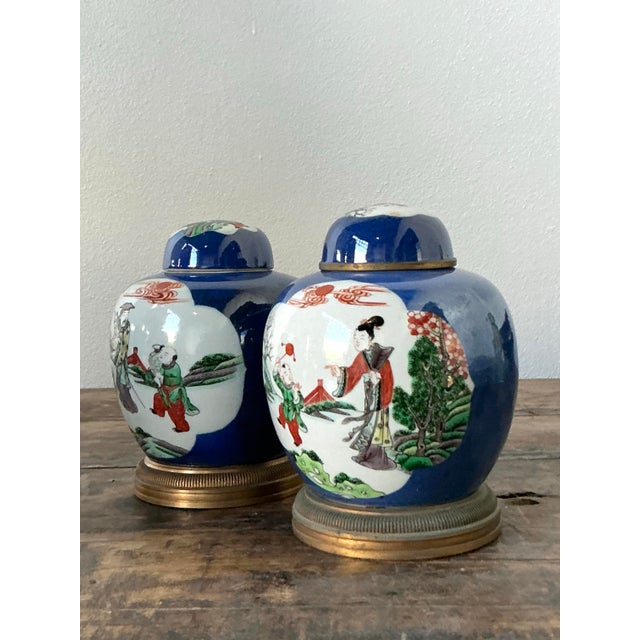 Metal Vintage Asian Famile Verte Lidded Ceramic Jars - A Pair For Sale - Image 7 of 12