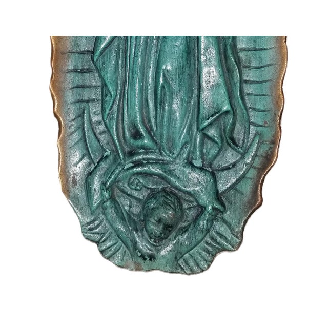 Late 19th Century Antique Verdigris Bronze Relief Sculpture Plaque of Our Lady Guadalupe For Sale - Image 5 of 9