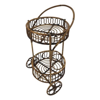 Vintage Bamboo Rattan Serving Bar Cart, Italy, 1950s For Sale