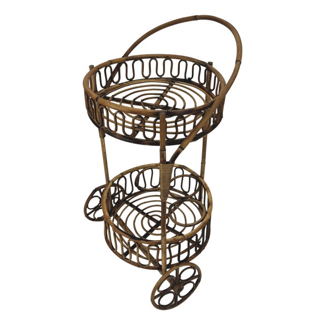 Vintage Bamboo Rattan Serving Bar Cart, Italy, 1950s For Sale