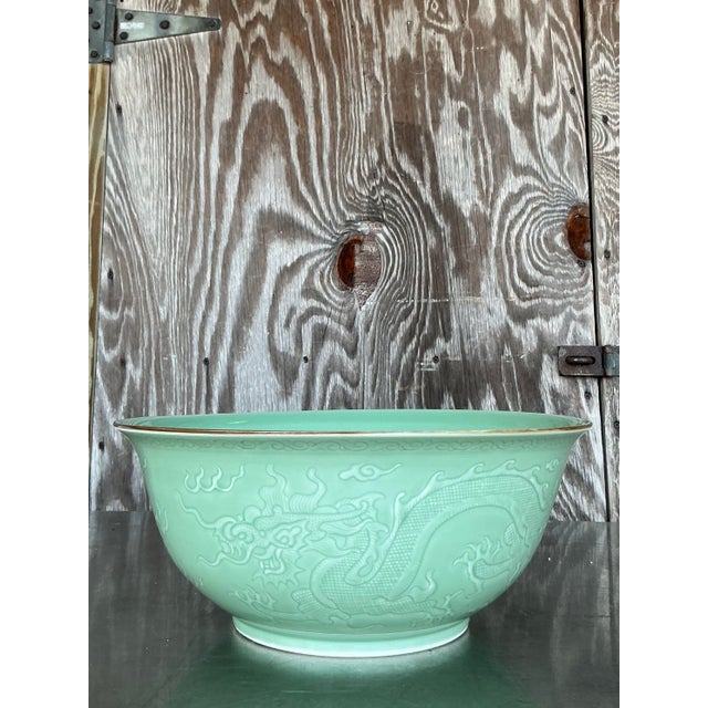Vintage Asian Dragon Relief Celadon Bowl For Sale In West Palm - Image 6 of 10