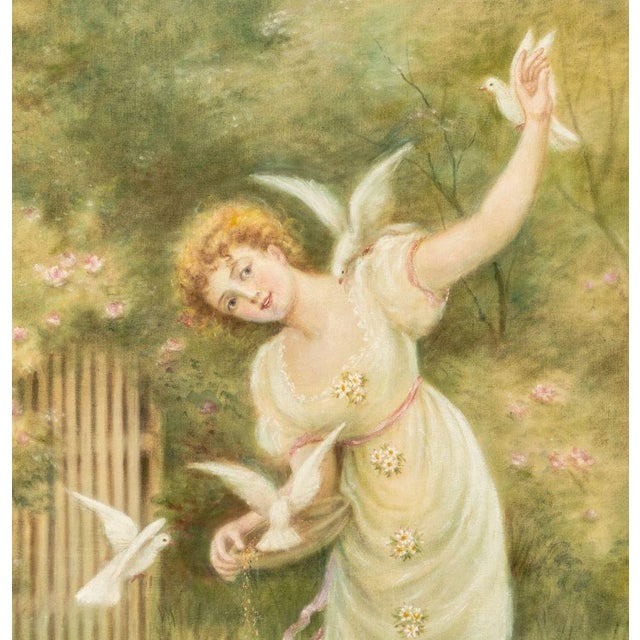 Art Nouveau Early 20th Century Continental School Woman With Doves Oil For Sale - Image 3 of 5