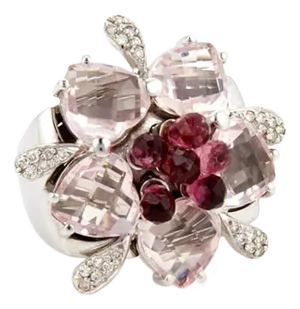 Diamond Pink Tourmaline & Rose Quartz 18k White Gold Floral Ring, Size 5