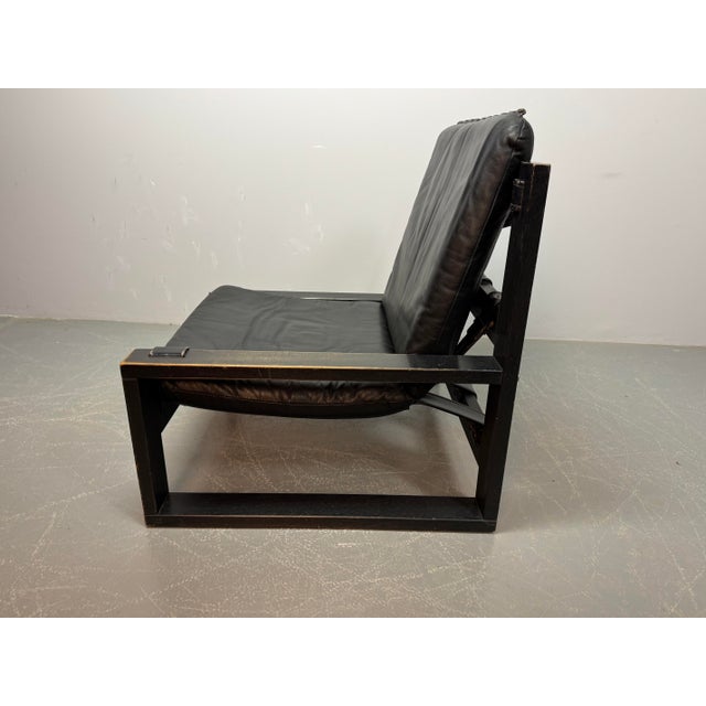 Mid-Century Brutalist Black Leather Lounge Chairs with Black Wooden Frames by Sonja Wasseur, Netherlands, 1970s, Set of 2,...
