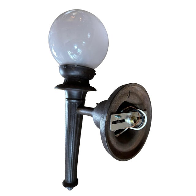 Farmhouse Pair Large Cast Iron Exterior Wall Sconces With Frosted Ball Shades, Circa 1920 For Sale - Image 3 of 7