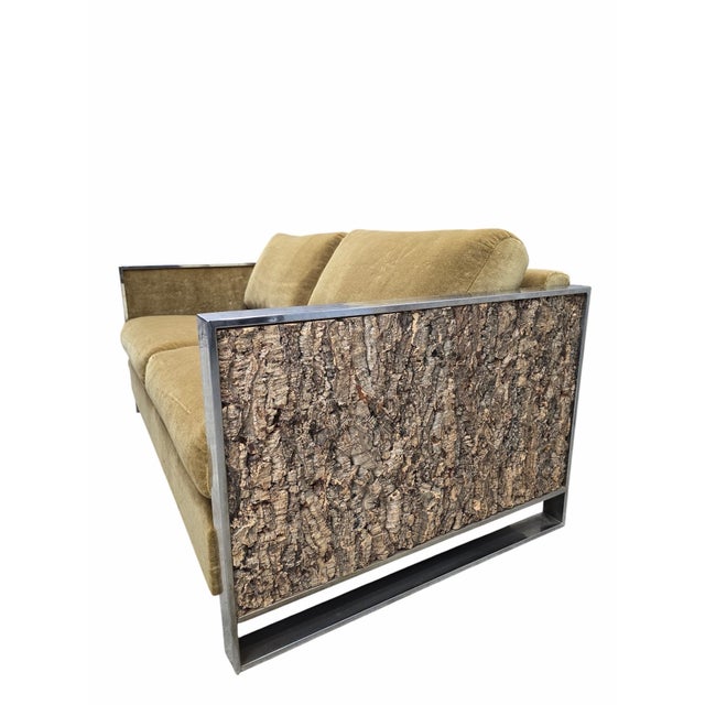 Wood MCM Adrian Pearsall Chrome Flat-Bar Cork-Sided Sofa & Loveseat Set Newly Reupholstered For Sale - Image 7 of 12