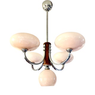 Art Deco Chandelier in Pink Glass, Wood and Chrome, 1930 For Sale