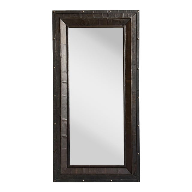 Vintage Industrial Black Metal & Brass Stud Mirror For Sale