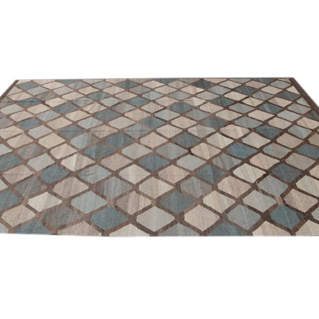 Handcrafted Wool Kilim Rug Featuring a Blue Geometric Design For Sale - Image 10 of 13